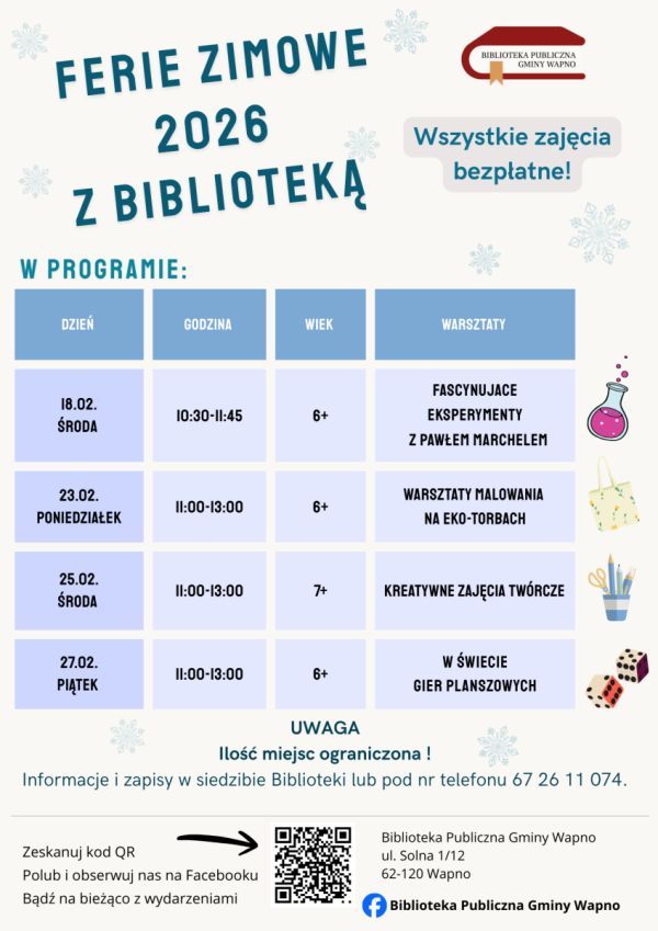 Zdjęcie Zapraszamy - ferie zimowe 2026 z Biblioteką